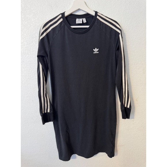 Adidas Women's 3 Stripe Long Sleeve T-Shirt Dress Black Trefoil Logo - Picture 1 of 9